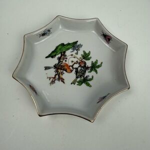 Vintage White Multi-Color Bird‎ Insect Star Trinket Dish Gold Trim 4"